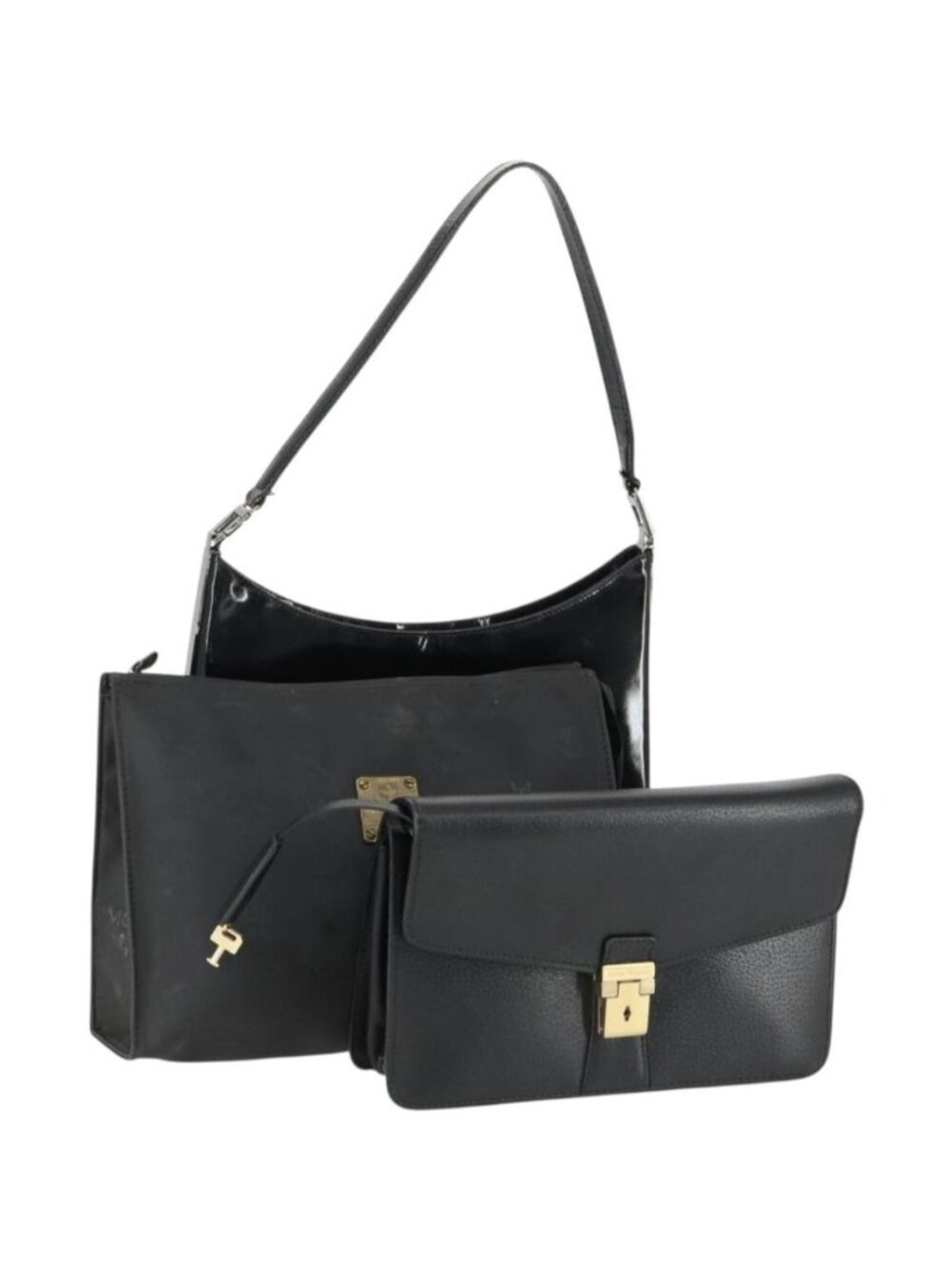 Salvatore Ferragamo MCM Logogram Vicetos Bag PVC Leather 3 Set Black